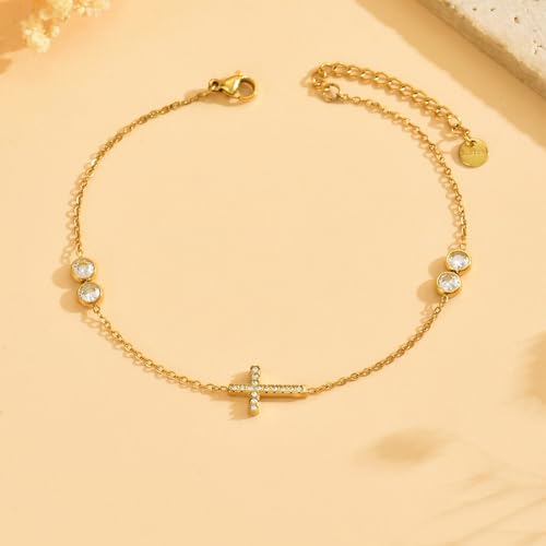 Image of NONAMOIS 18K Gold Plated Diamond Ankle Bracelets for Women Waterproof Gold CZ Pearl Bow Link Chain Anklets Non Tarnish Summer Beach Foot Jewelry Gifts