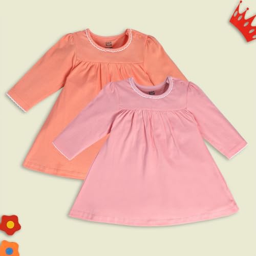 Image of miniklub Girls Cotton Pack of 2 Full Sleeves Solid Dresses - Pink & Coral