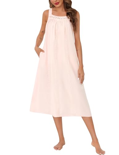 Image of SWOMOG Women's Cotton Nightgowns Sleeveless Night Gown Embroidery House Dress Soft Long Nightdress with Pockets