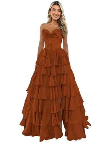 Lorencia Strapless Pleats Tiered Chiffon Prom Dresses Long Empire Waist Sweetheart Corset Satin Formal Gowns with Split