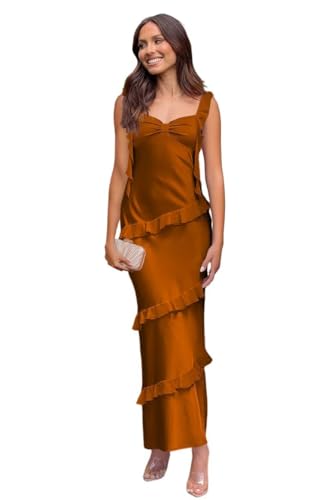 YOFF Spaghetti Straps Long Bridesmaid Dresses for Women Satin Ruffles Maxi Formal Party Dress YO274