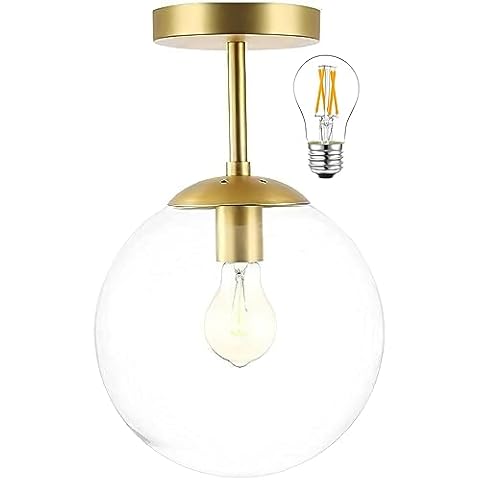 Bagood Globe Semi Flush Mount Ceiling Light, Clear Glass with Brass Finish, Contemporary Mid Century Modern Style Lighting Fixture Gold(12W 2700K LED Corn Bulb Included) Cover