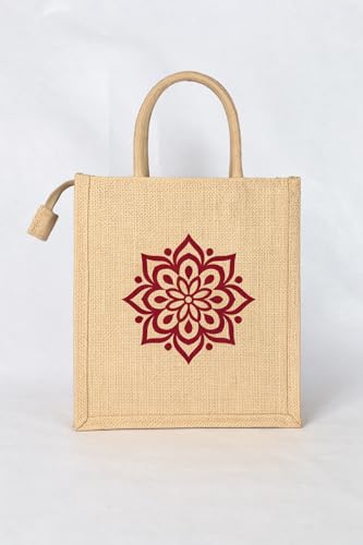 Image of Soman Jute Ecofriendly Return Gift Bags Rangoli printed with Zip Natural Pack of 10 Bags