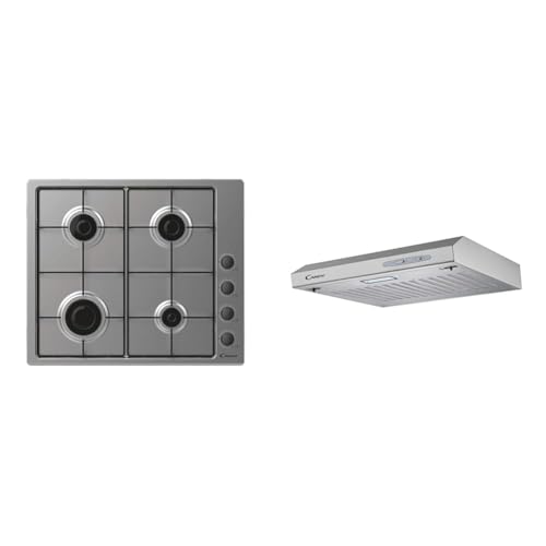 Candy Idea CHW6LBX/4U2, Placa de Gas, 4 Fuegos, 60CM, Gas Natural Adaptable a Gas Butano, 7,2KW de P & CFT610/5S/1 Campana Extractora, Montaje en la pared, 60 cm, 3 Niveles de Potencia, 209M3/H