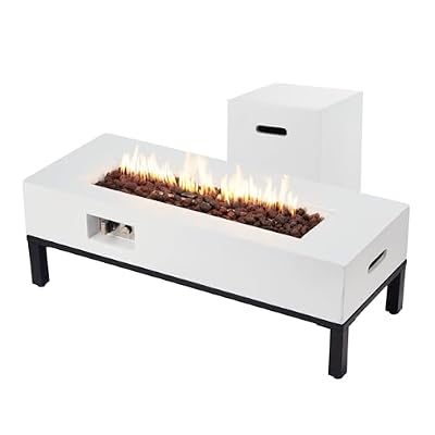 ECOTOUGE 42" 2-Piece Rectangle Propane Fire Pit Table w/Tank Table, 50,000 BTU Outdoor Gas Fireplace with Stand for Patio, Low Profile Fire Table with Rain Cover, Lava Rocks, Auto-Ignition, White