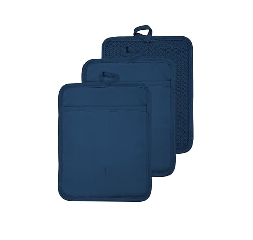 VEIKERY Silicone Pot Holders 7x9inch with Pockets Heat Resistant Water Resistant Oven Hot Pads for Kitchen Set of 3 (Blue, 3)