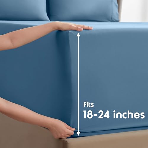 Image of Nestl Extra Deep Split King Sheet Set - 7 Piece Breathable & Cooling Sheets - Hotel Luxury Bedding Set w /18-24 Inch Deep Pockets - Easy & Secure Fit - Super Soft, Wrinkle Free & Comfy - Blue Heaven
