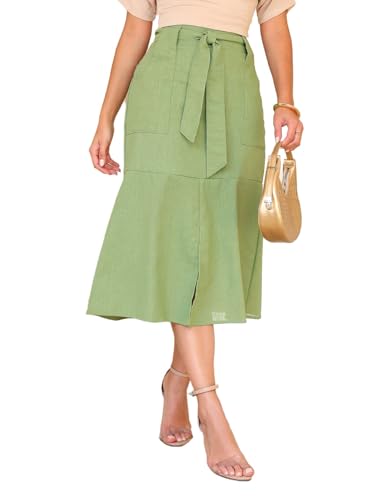 Saia Midi De Linho Com Bolsos Acompanha Cinto (BR, Alfa, GG, Regular, Regular, VERDE OLIVA)