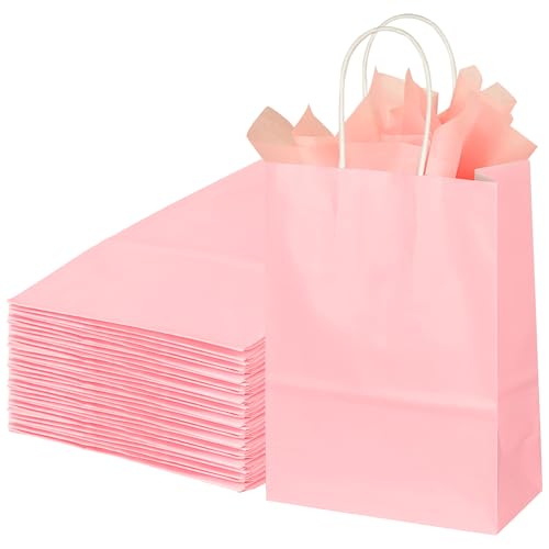 Image of BLEWINDZ 32Pcs Small Paper Gift Bags with Tissues, Pink Party Favor Bags with Handles, 8.7 inch Goodie Bag for Birthday, Shopping, Party Supplies
