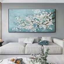 Tableau à l'huile sur toile fleurs grand format 60x120cm pour décoration murale