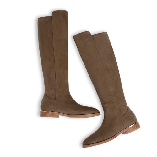Image of Modatope Rounded Toe Flat Stretchy Dress Knee High Boots Side Zipper | Suede Elastic Fall Winter Boots, Low Chunky Block Heel Riding Boots,2026 Fashion Womens Tall Long Boots