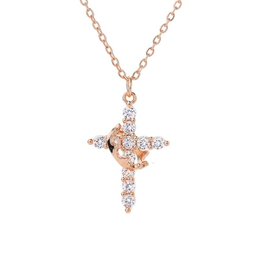SENHOWII Crown Cross Necklace for Women, Gold Plated Cubic Zirconia Cross Pendant, 18+2 Inch Adjustable Hypoallergenic Faith Jewelry Gift Box for Christmas, Birthday, Baptism (rose gold)