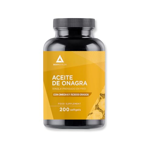Aceite de Onagra 200 perlas- 1000mg 10% GLA Prensado en frío- Alivia Síntomas de menopausia y síndrome premenstrual - Contribuye al balance hormonal- Perlas de onagra fáciles de tomar- Bodyathlon