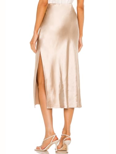 Women Satin Skirt Elastic Waistband Slit A Line Work Office Casual Midi Skirts2
