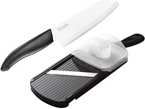 Kyocera Slicer Set, trancheuse universelle avec protection des doigts, couteau Santoku, 14 cm, lame tranchante en céramique de zircone, va au lave-vaisselle, Slicer Set BK