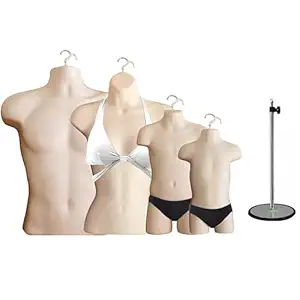 4 Count Mannequin Forms Flesh Colored Family Man, Woman, Child & Toddler Set with 1 Metal Base Short Waist Torso Hanging Mannequin Set Hollow Back Plastic Body Forms, S-M Sizes