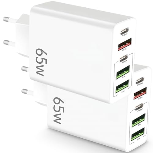 Pack 2 Cargador USB C Carga Rápida - Cargador USB Múltiple 5 Puertos - Enchufe Multiple USB C 65 W – Adaptador Compatible con Samsung, iPad, iPhone, Google, Carga Movil.65W