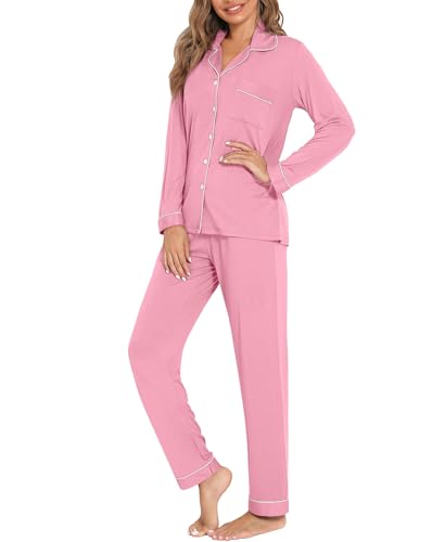 Image of Women's Pajama Sets Long Sleeve Sleepwear Button Up Shirt With Pajama Pants Soft Pjs Lounge Sets