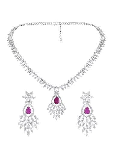 Image of ASMITTA Jewellery Rhodium Plated Silver American Diamond Studded Necklace with Purple Earrings Jewellery Set for Women & Girls