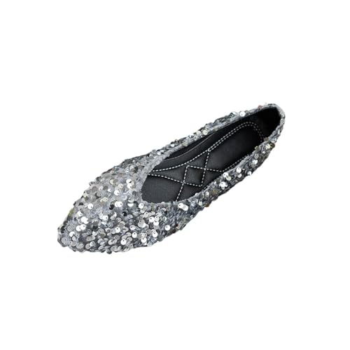 Generic Sequin Flats for Women - Sparkly Pointed Toe Slip On Dress Shoes, Formal Silver Loafers for Weddings and Parties
