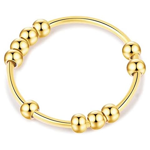 SERYNOW Gold Silver Fidget Ring Anti Anxiety Rings for Women, Anxiety Relief Rings Size 5-10 Beads Fidget Spinner Anxiety Ring for Men (Gold, 9) Cover