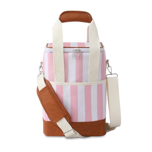 EMBRUNIOICE 4 Bottle Wine Tote Bag - Leakproof & Insulated Wine Carrier Travel Padded Wine Cooler Bag with Adjustable Strap, Picnics, Beach & Parties, Stylish Gift for Wine Lovers (Pink Stripe)