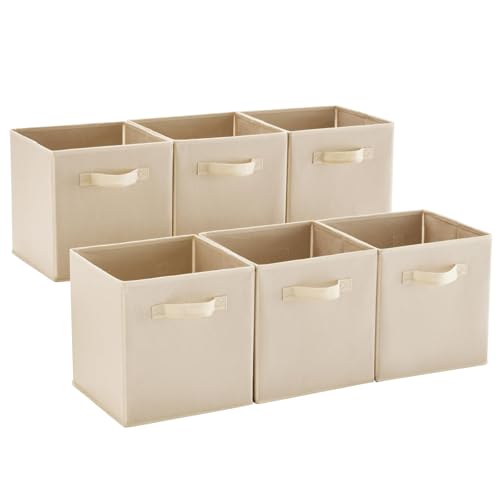 MAX Houser Fabric Cloth Storage Bins,Foldable Storage Cubes Organizer Baskets with Dual Handles for Home Bedroom Storage,Set of 6(Beige)