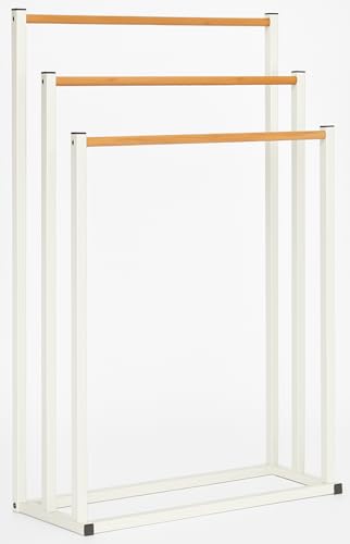 3 Tier Freestanding Towel Rack - Bathroom Towel Holder with Wooden Rails, Space Saving Drying Stand for Bath Sheets & Hand Towels - Modern Metal Frame, White & Wood Finish