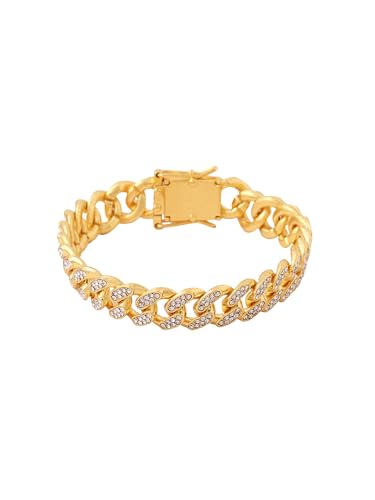 Yellow Chimes Men's Bracelet for Men Gold Plated Crystal Studded Curb Chain Wide Bracelet Gold Medium, M, Stainless Steel, no gemstone