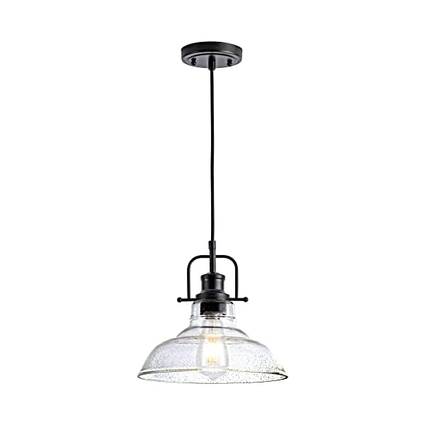 Zlepmlla Black Industrial Pendant Light, Farmhouse 1-Light Small Chandelier with Adjustable Cord, Clear Bubble Glass Shade, Rectangle Cute Hanging Lights for Hallway, Kitchen Island, Dinning Room.