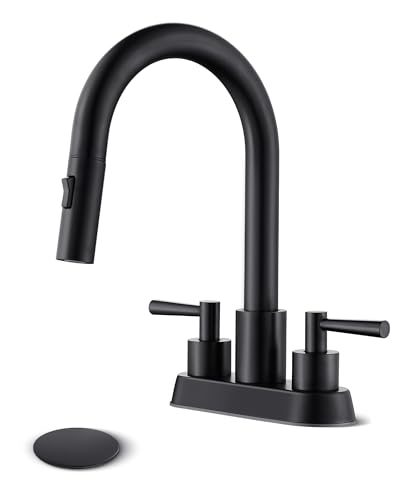 FELIXBATH Bathroom Sink Faucet with Pull Out Sprayer 2 Handles Matte Black Pull Down Bathroom Faucet 3 Holes 4 Inch Black Faucet Bathroom 360 Degree Swivel Spout Pop Up Drain Assembly Included