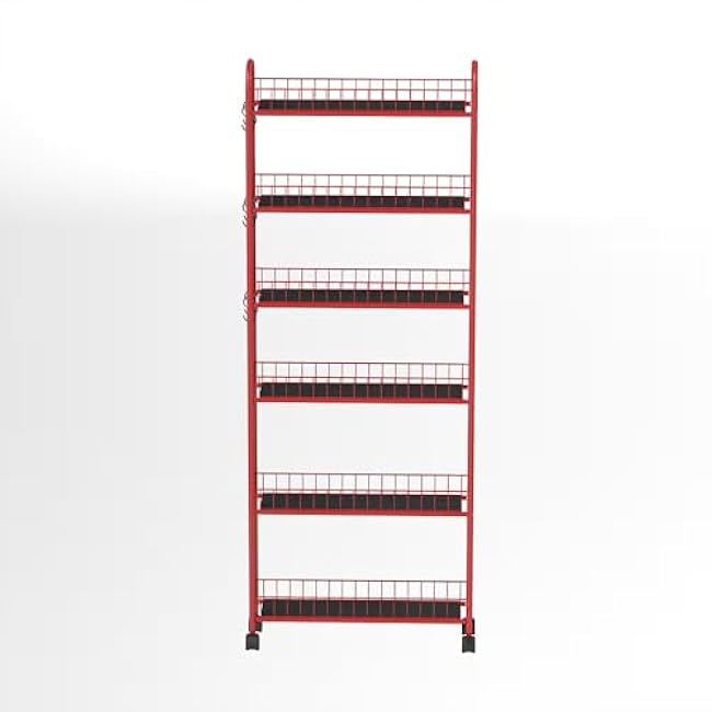 6-Tier Rolling-Slim Storage Cart - Metal with 4 Lockable Wheels & Baskets Storage Shelf Cart for Kitchen Bathroom Laundry Small Space Office (Red+Black, 22.83L¡Á10.04W¡Á61.22H(in)/15.43lb)-SOaV0VlX