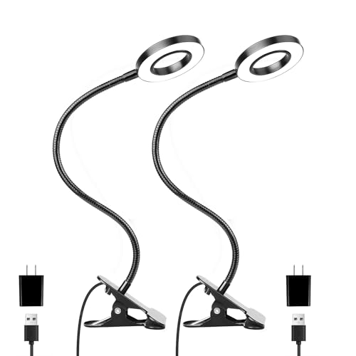Woputne Desk Clip on Lamp for Reading Home Office, with 5V 2A Adapter, 10 Dimmable Brightness 3 Modes, Clamp Reading Light for Bed Headboard, Craft (2packs, Black)…