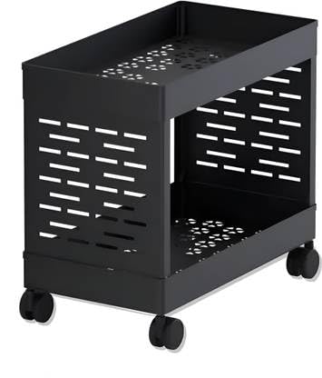 MASHUR FAB 2-Layer Slim Kitchen Storage Rack with Wheels | Multipurpose Plastic Organizer Shelf for Fruits, Vegetables & Bottles | Compact Trolley Rack for Pantry, Bathroom & Home (Black)