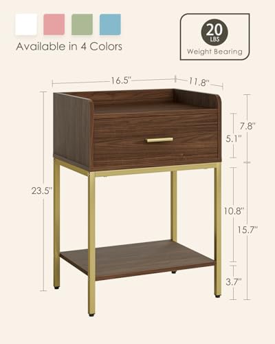 Image of Masupu Nightstand, 3-Tier Modern Bedside Night Stand with Storage Drawer and Shelf, Small End Side Table for Bedroom, Living Room, Walnut