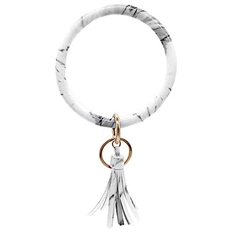 Meiqing Marble Keychain Key Ring Bracelets Bangle Keyring Large Circle PU Leather Tassel Bracelet Holder Cover