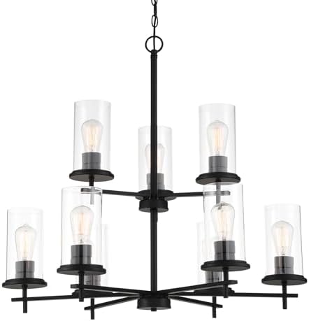 Minka Lavery 4099-66A Haisley Clear Glass Cylinder 2 Tiers Chandelier, 9-Light 540 Total Watts, Coal