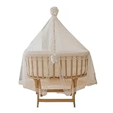 Bebek On For Natural Beech Wood Canopy Baby Cradle with Textile Set, Rocking & Lockable Freestanding Wooden Cradle, Complete Set with Mattress, Bedding, Pillow and Mosquito Net, 37.8
