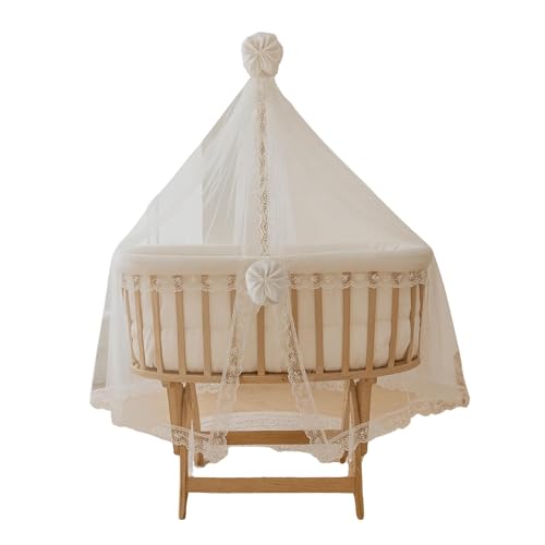 Bebek On For Natural Beech Wood Canopy Baby Cradle with Textile Set, Rocking & Lockable Freestanding Wooden Cradle, Complete Set with Mattress, Bedding, Pillow and Mosquito Net, 37.8