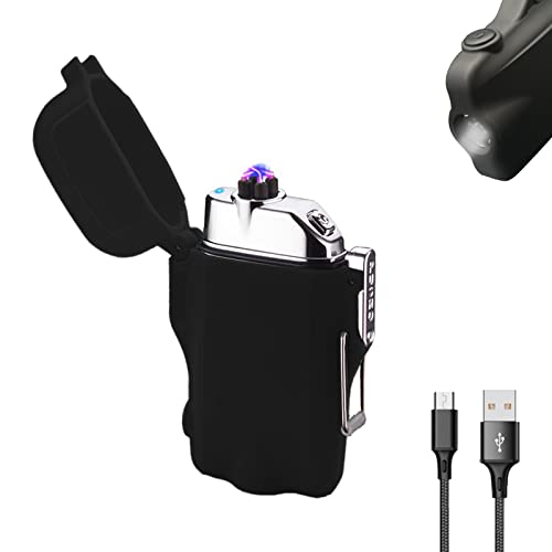 SKRFIRE Windproof & Waterproof Dual Arc Electric Lighter with LED Flashlight, Rechargeable USB Flameless Plasma Lighter with Lanyard for Camping & Hiking (Black)