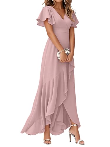 Minetom Robe De Soirée pour Mariage Invité Longue Femme Col V Mousseline A Line Manches Courtes Plissé Fendue Fluide A Rose M