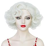 ANOGOL Hair Cap+ White Curly Wig Women Short White Wig Cosplay Big Wavy 80s Flip Wigs Blonde Wavy Bob Wigs Blonde Synthetic Hair Halloween Costumes Retro Themed Party Classic Outfit (Non-Lace)
