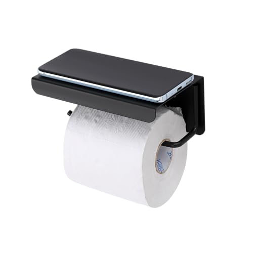 Image of ACHRO Self Adhesive and Wall Mount Black Stainless Steel Toilet Paper Holder with Mobile Stand, Tissue Paper Holder with Shelf, Toilet Paper Roll Holder for Bathroom, Bathroom Accessories Black Finish