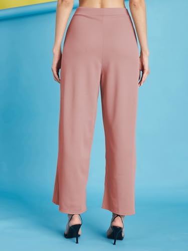 Image of Selvia Women's Solid Ribbed Lycra Elastic Regular Fit Wide-Leg Trouser