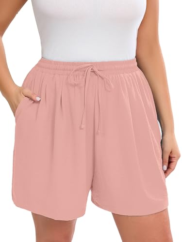 AusLook Plus Size Women's Casual Comfy Wide Leg Shorts Pink 3X Lightweight High Waisted Adjustable Tie Knot Loose Summer Baggy Short Pants with Pockets