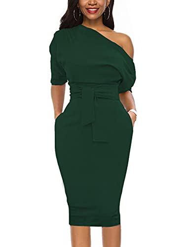 Image of Nature Comfy Elegant Womens Wear to Work One Shoulder Belted Pencil Dress