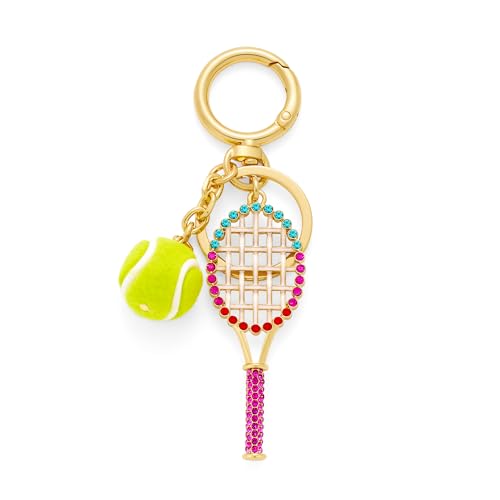 Gold Tone Tennis Racket Ball Keychain - Sparkling Crystal Tennis Charm Keyring Ideal for Bags Handbag Purses