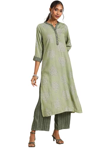 Image of Rapsodia Women's Green & Grey Gotta Patti Gold Foil Printed Straight Kurta with Palazzo.