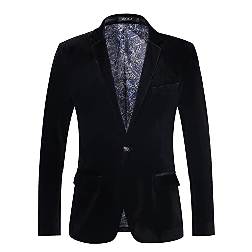 WZIKAI Mens Velvet Blazer One Button Slim Fit Solid Fashion Suit Jacket Sport Coat for Wedding Prom Dinner Party