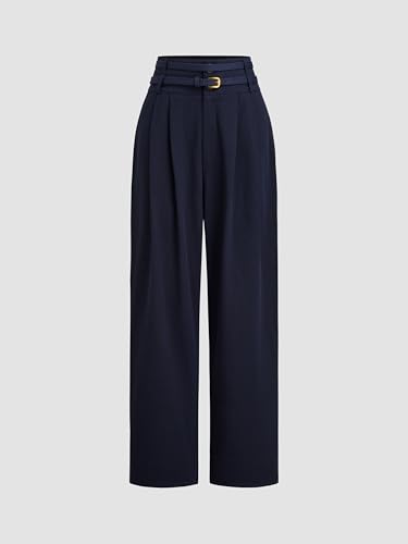 CIDER Wide Leg Pants Women, Business Casual Pleated Pocket Belted Mid Waist Tapered Trousers Cotton Pants2